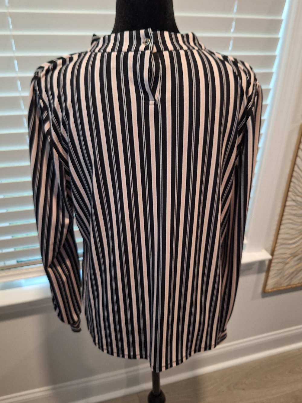 Adrianna Papell Black and Light Pink Vertical Stripe Ruffle-Neck Blouse - Picture 2 of 5